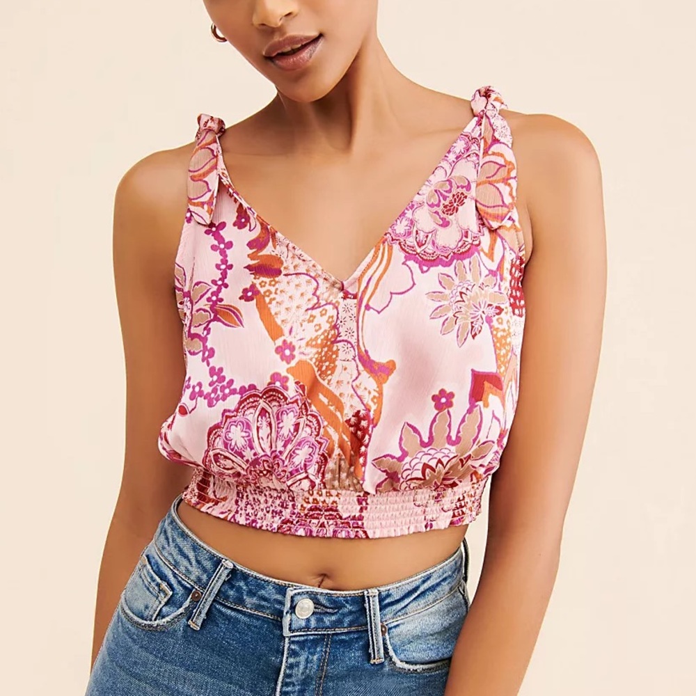 Free People “Weekend in Montauk” Smocked Crop Tie Strap Tank in Blush Combo